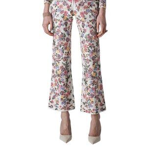 La Fuori Elenore Garden Floral Embroidered Sequin Flared Silk PANTS Womens Large